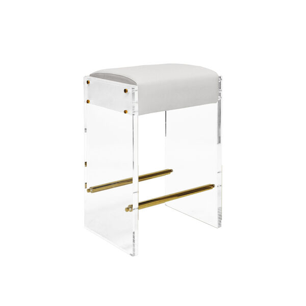 Acrylic, Polished Brass and White Vinyl Counter Stool with Cushion, image 1